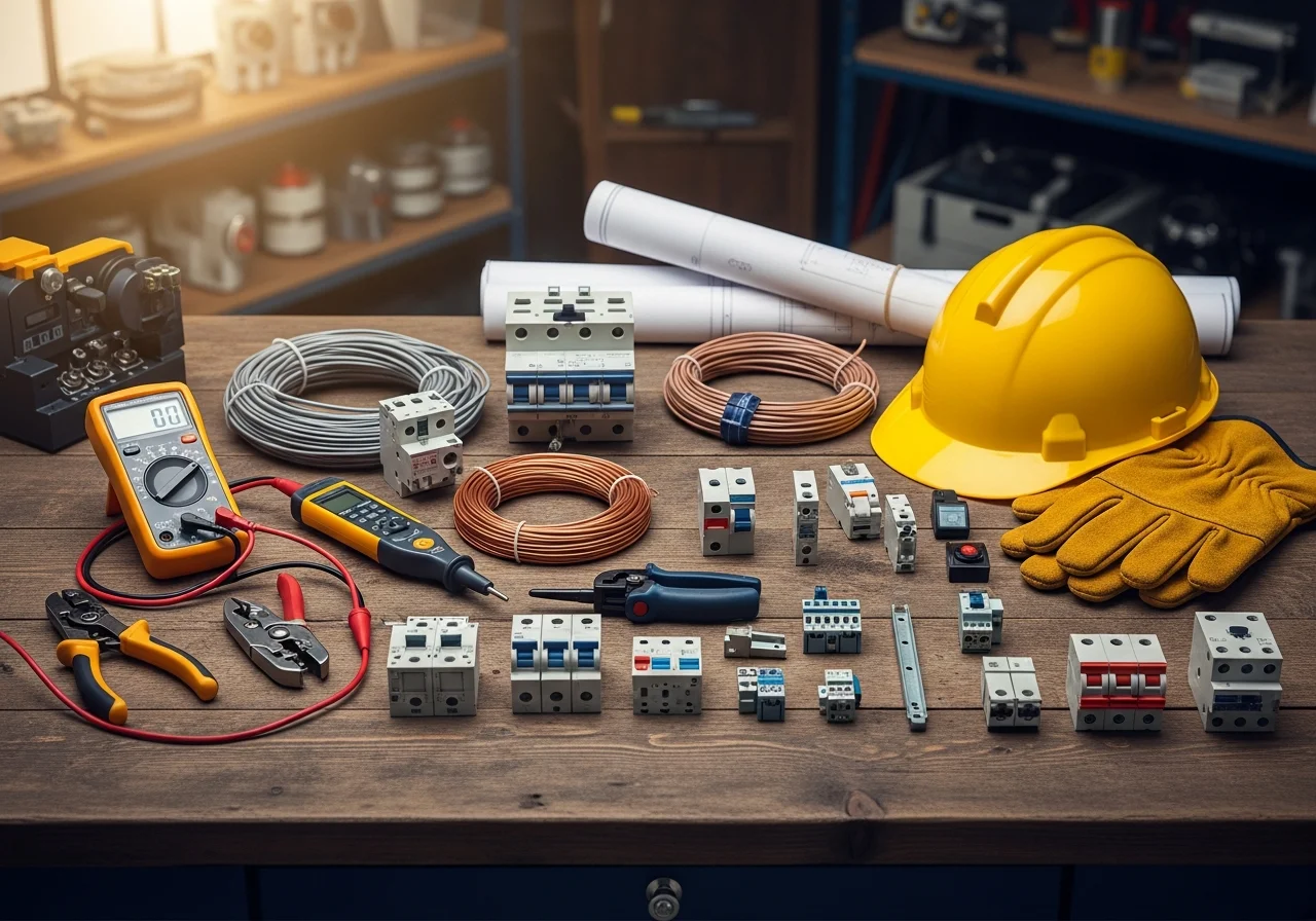 Contractor tools and electrical equipment arranged on a work surface, representing the range of services offered.