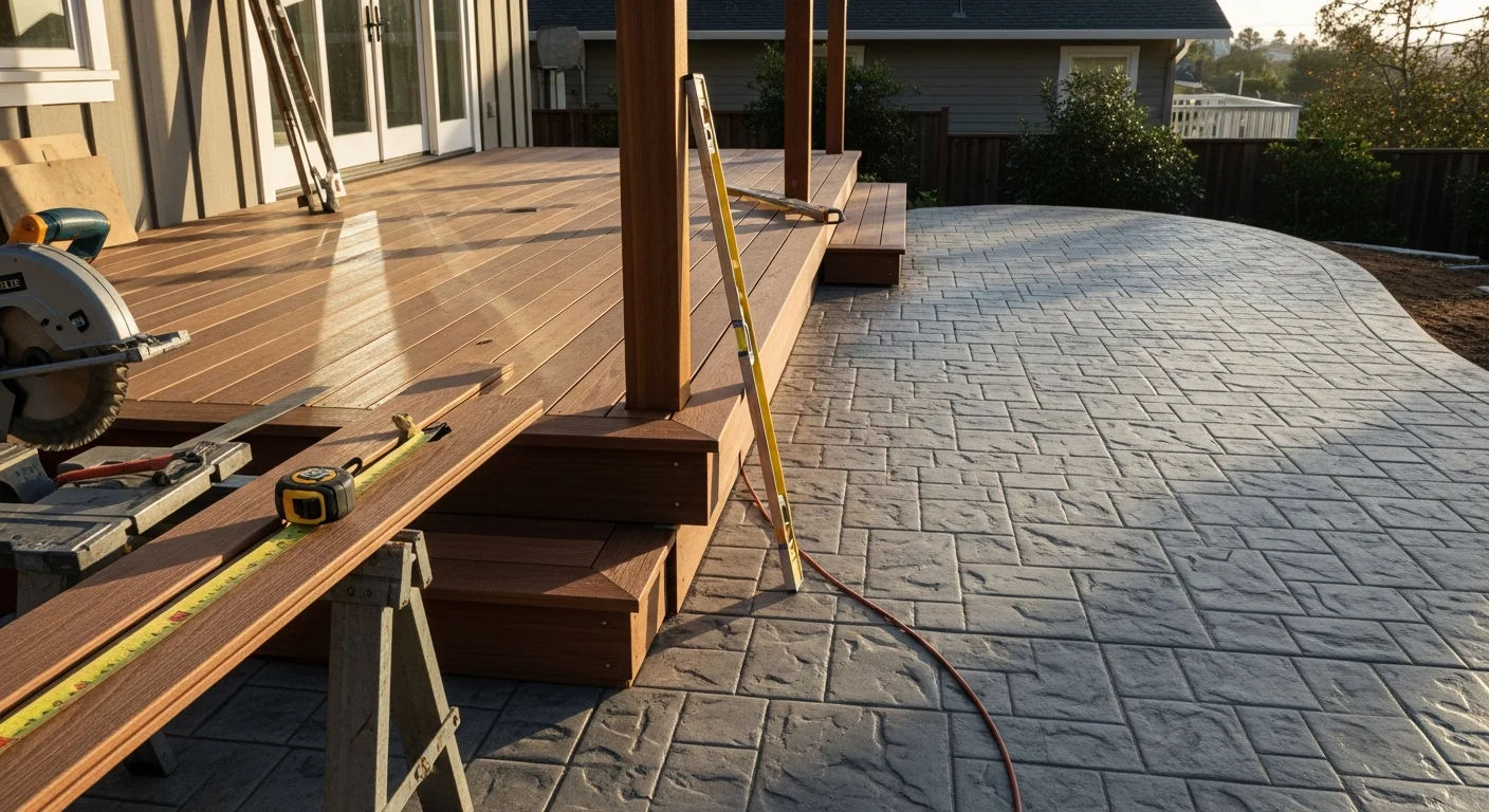 Custom wooden deck and patio attached to a residential home