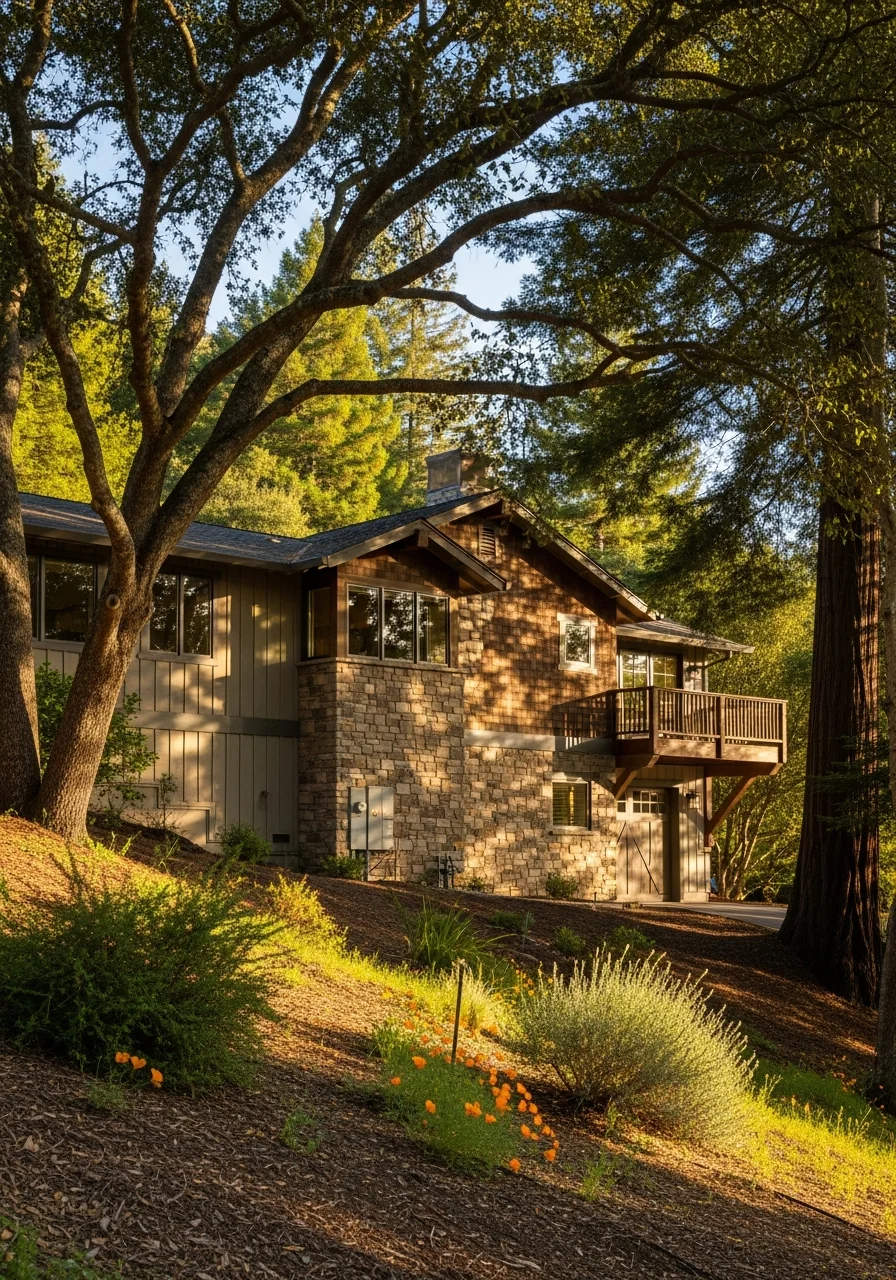 A Los Gatos residential property on a tree-covered lot with foothill landscape character.