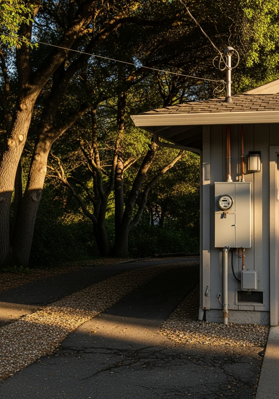 A residential property nestled among coastal oak and pine trees typical of Santa Cruz County neighborhoods.