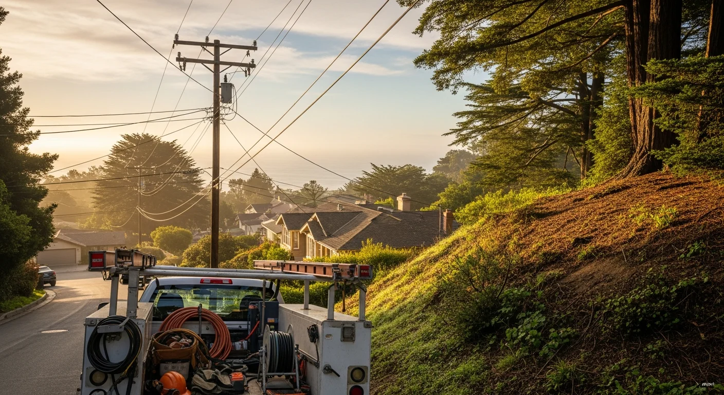 Coastal hillside homes in Santa Cruz County with redwood trees and ocean views in the distance.