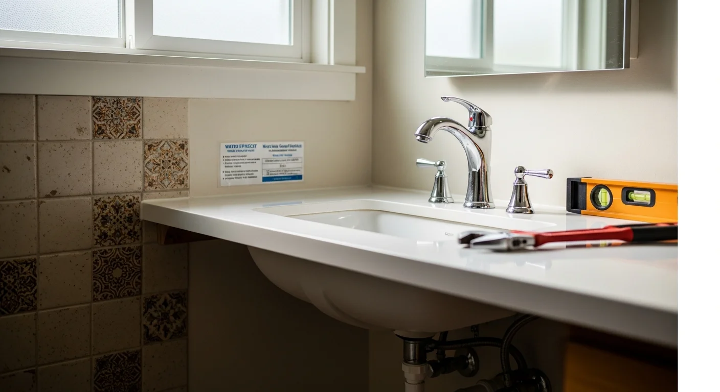 A newly installed bathroom sink and toilet in a Santa Cruz County home, with clean supply lines and properly fitted drain connections visible beneath the vanity. The bathroom shows updated fixtures set against tile walls typical of a remodeled coastal California home.