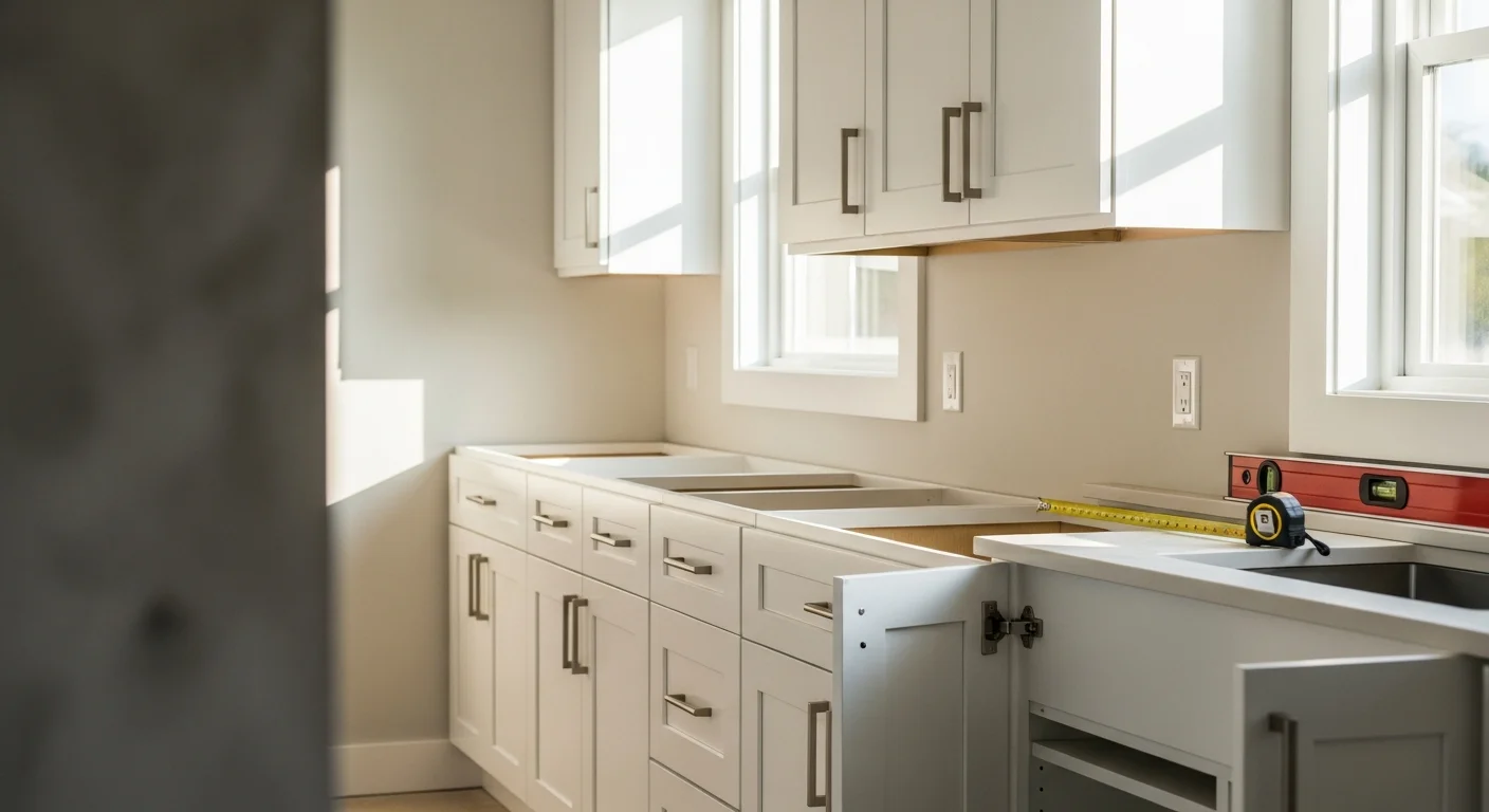 Newly installed custom wood cabinets in a remodeled kitchen inside a Santa Cruz County home, with cabinet doors aligned and hardware attached. Wall-to-wall cabinet run showing upper and lower units fitted flush against older plaster walls.