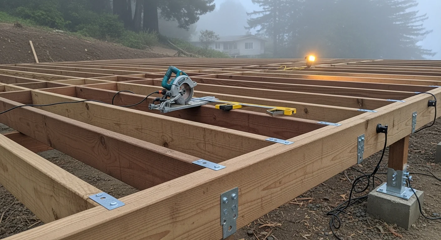 A newly completed raised wood deck attached to a single-family home in Santa Cruz County, with code-compliant railings and stairs leading to a sloped backyard. The deck structure shows exposed framing with corrosion-resistant hardware suited to the coastal California climate.