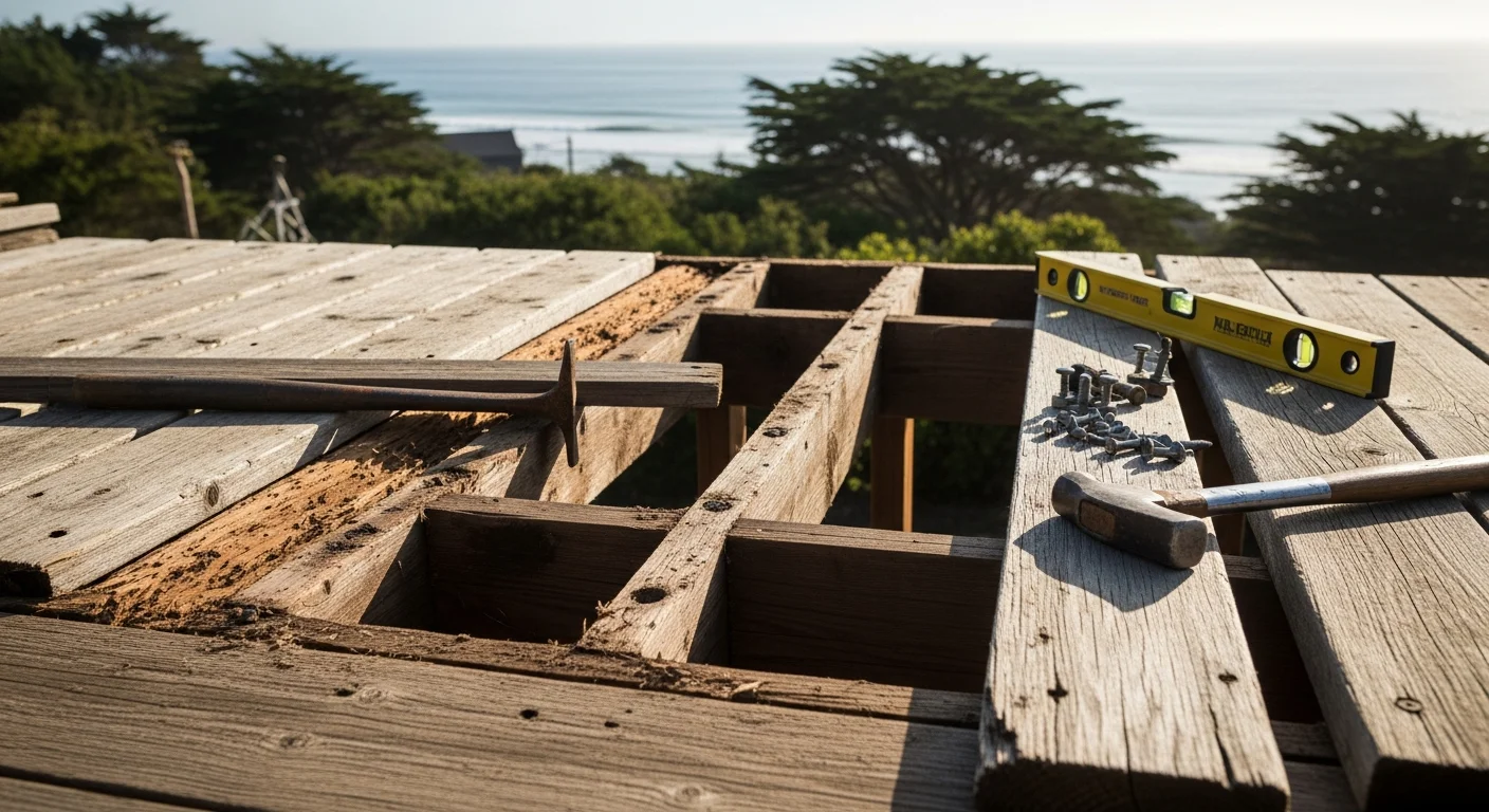 A repaired residential deck in Santa Cruz County with replaced surface boards, secured railings, and reinforced support posts. The deck overlooks a backyard typical of coastal California homes in the region.