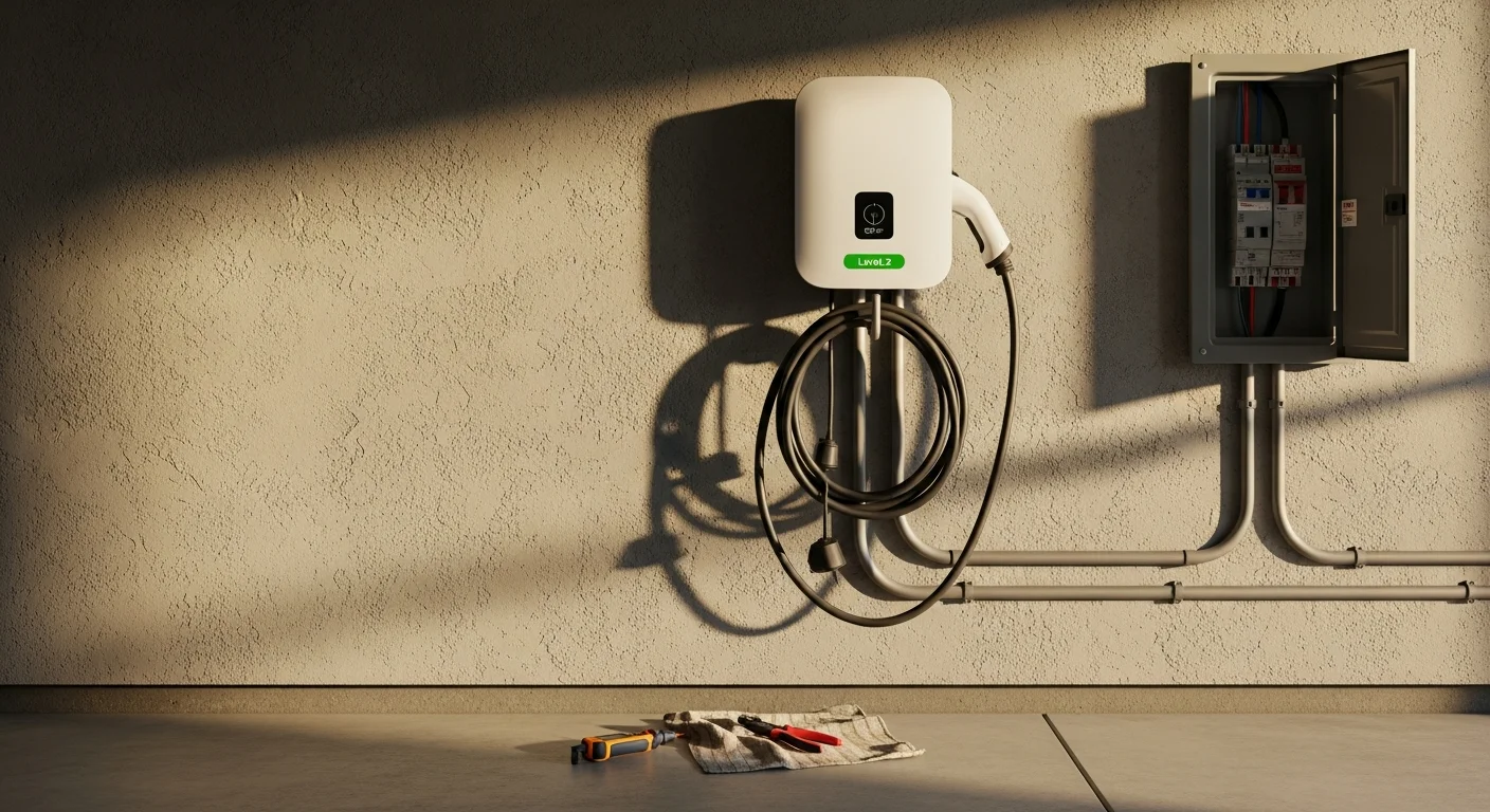 A licensed electrician from Dynamic Contractors mounts a Level 2 EV charging unit on the interior wall of a residential garage in Santa Cruz County. The charger is connected to a dedicated circuit with clean conduit runs along the wall leading to the home's electrical panel.