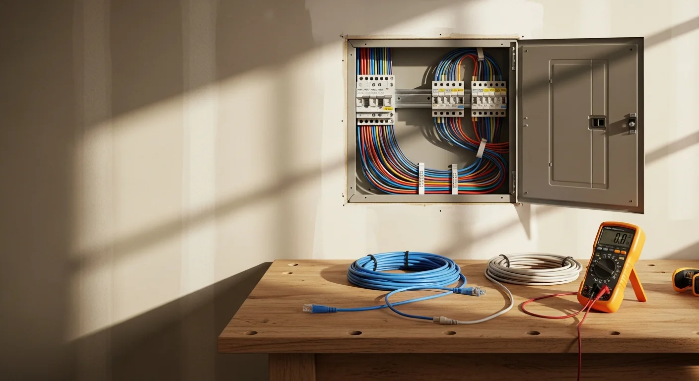 A licensed electrician from Dynamic Contractors installing structured wiring inside a wall panel of a Santa Cruz County home, with low-voltage cables and smart switch wiring neatly organized in a new electrical enclosure.