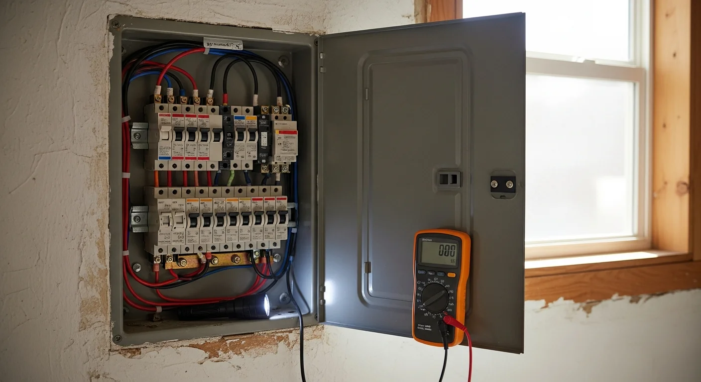 A licensed electrician from Dynamic Contractors inspecting an open residential main electrical panel inside a Santa Cruz County home. The image shows circuit breakers, wiring connections, and panel labeling being evaluated for safety and code compliance.