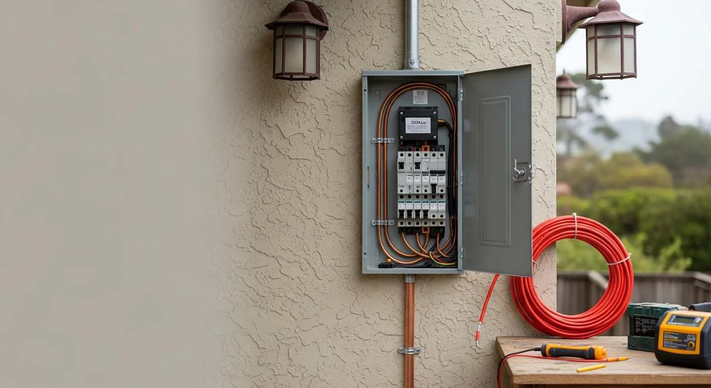 A licensed electrician from Dynamic Contractors installs a new residential main electrical panel inside a Santa Cruz County home. The upgraded panel shows organized circuit breakers and clean wiring in a wall-mounted metal enclosure.