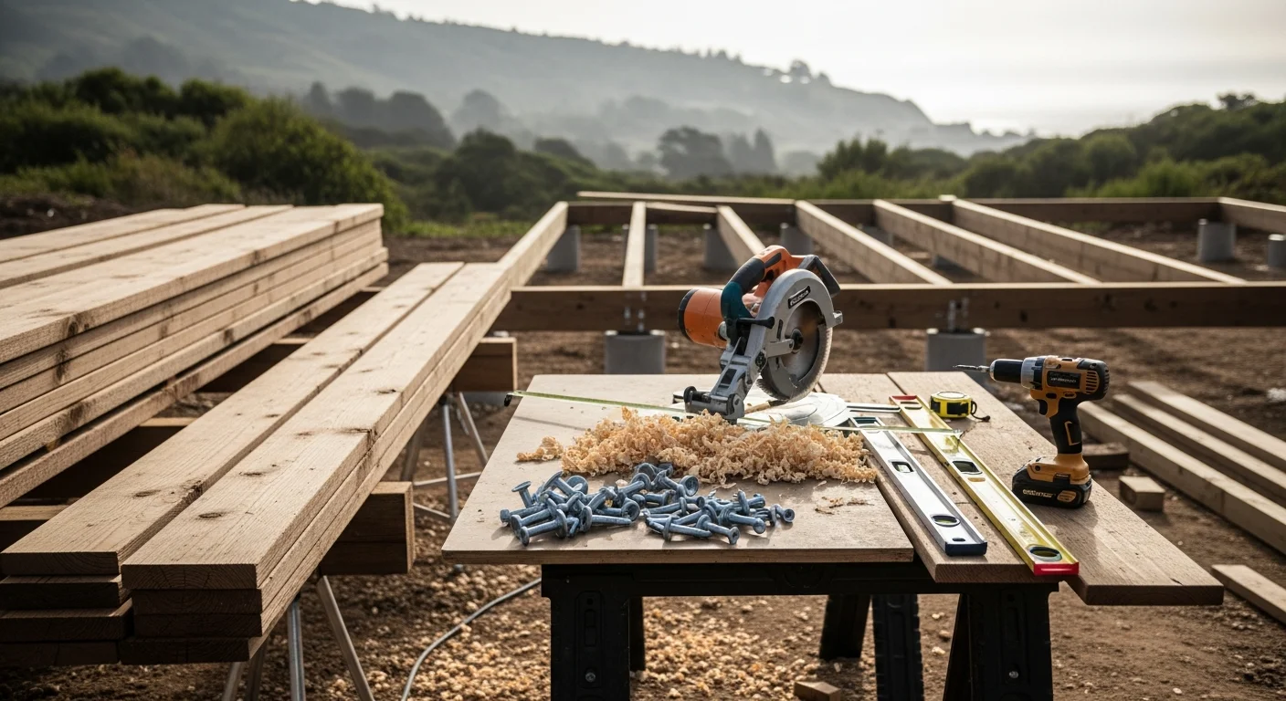 A newly built wood-framed deck attached to a single-family home in Santa Cruz County, with open railings and a view of a coastal backyard. The structure shows clean framing and corrosion-resistant hardware suited to the local marine climate.