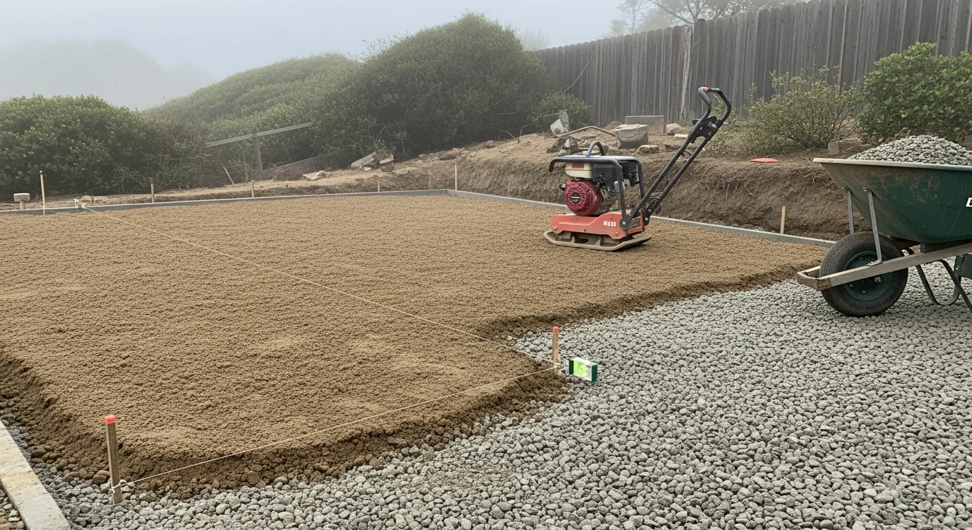A finished concrete patio built by Dynamic Contractors in a Santa Cruz County backyard, with defined dining and seating zones surrounded by coastal landscaping. The surface shows clean edges and proper grading away from the home's foundation.