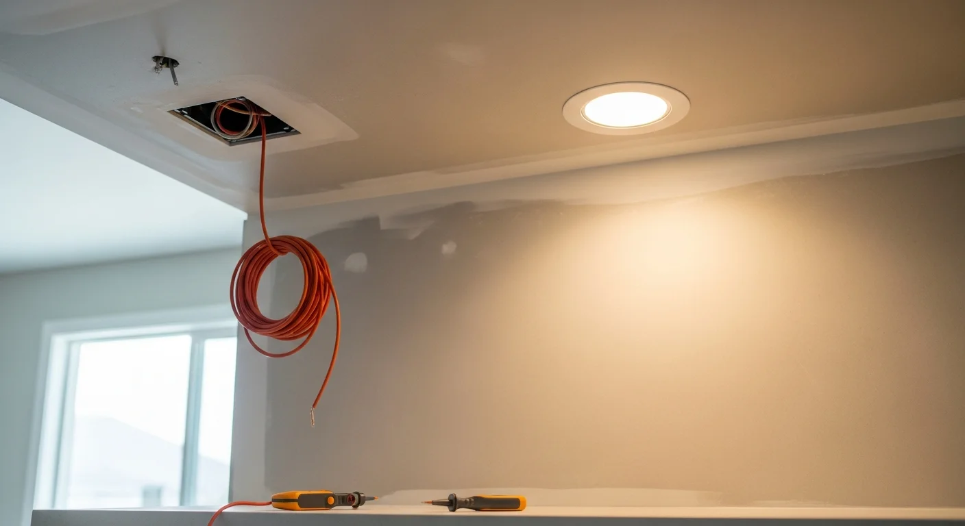 A licensed electrician from Dynamic Contractors installing recessed LED fixtures in the ceiling of a Santa Cruz County home kitchen. The finished ceiling shows evenly spaced recessed lights with clean drywall cutouts and no visible wiring.