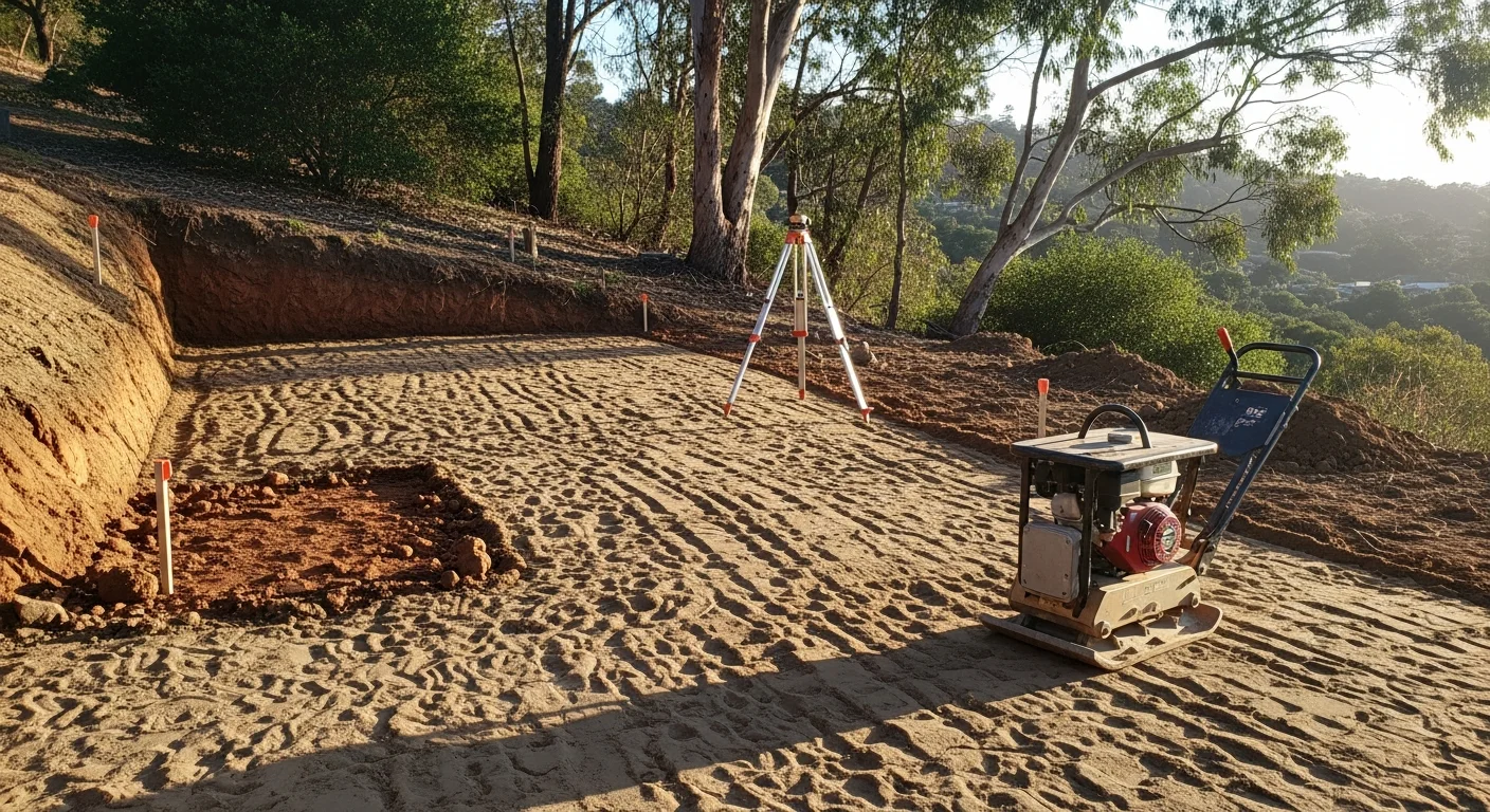 A graded and compacted backyard lot in Santa Cruz County with cleared vegetation and leveled soil ready for deck footing installation. The sloped terrain has been cut and prepared to create a flat, stable build surface.